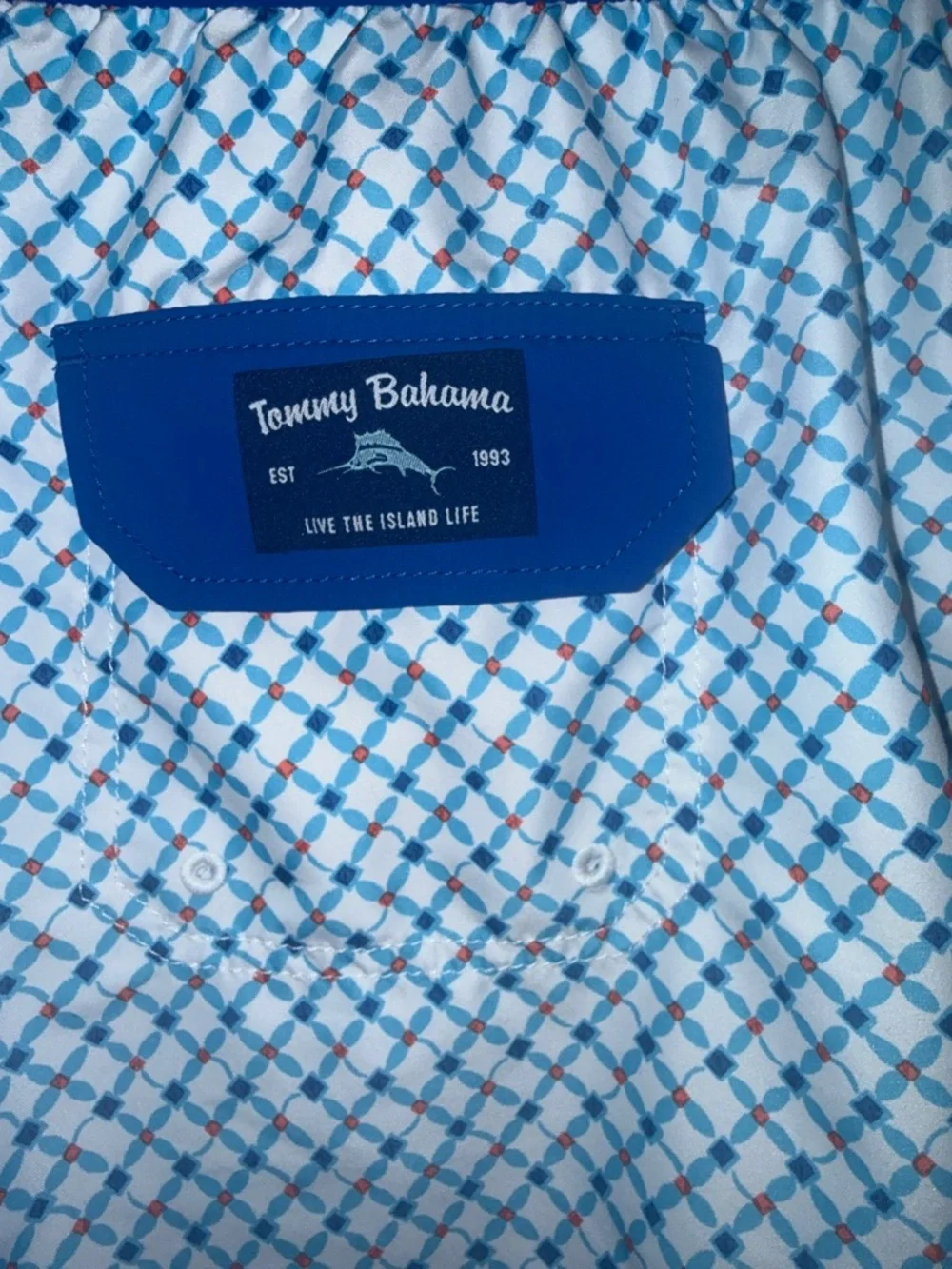 Tommy Bahama Baja Surfside Geo Board Shorts Swim Trunks Men’s XL Blue White